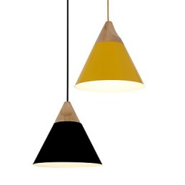 Mini Luminária Pendente Cone Artística 1 Luz Mordern Simplicity Acabamento Preto Branco Amarelo Alumínio e Droplight de Madeira