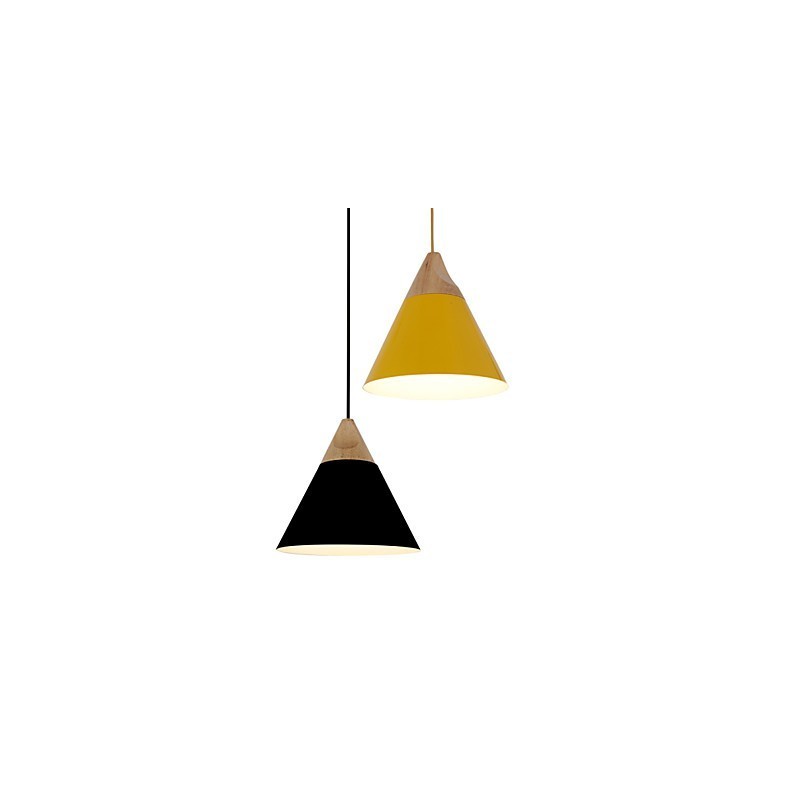 Mini Luminária Pendente Cone Artística 1 Luz Mordern Simplicity Acabamento Preto Branco Amarelo Alumínio e Droplight de Madeira