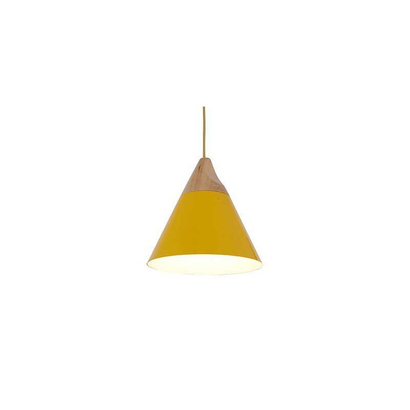Mini Luminária Pendente Cone Artística 1 Luz Mordern Simplicity Acabamento Preto Branco Amarelo Alumínio e Droplight de Madeira